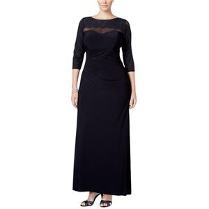 Xscape Dress Women 10 Petite Navy Blue‎ Ruched Long Lace Sleeve Gown Cocktail